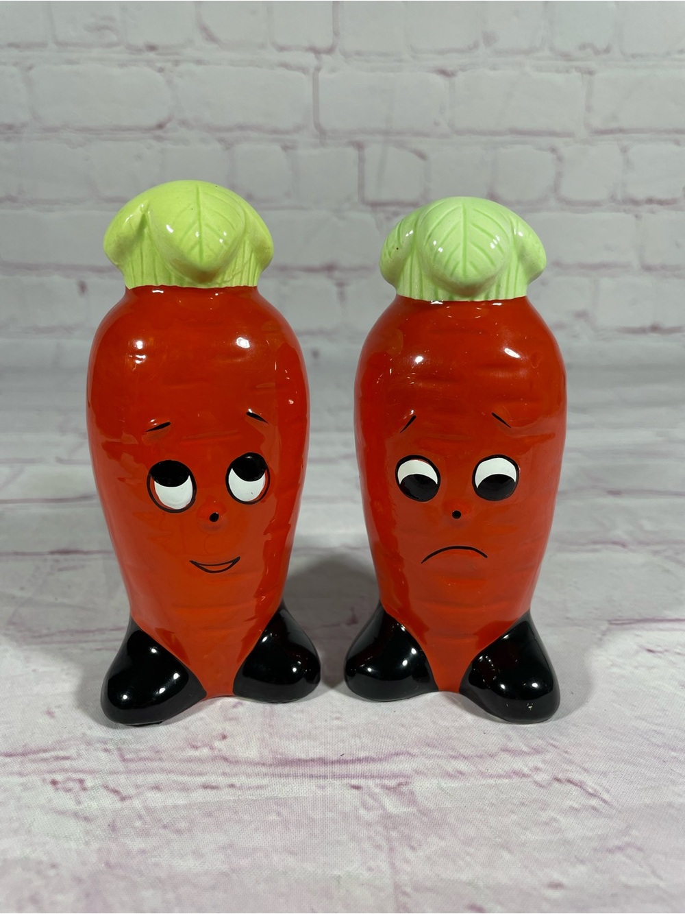 Vintage Anthropomorphic Happy and Sad Ceramic Carrot Salt and Pepper Shaker Pair